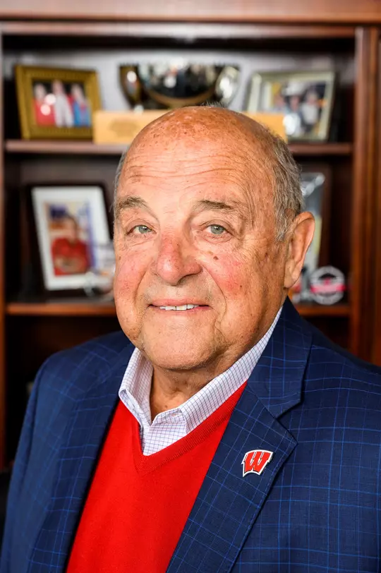 Barry Alvarez, Director of Athletics at the University of Wisconsin-Madison, is pictured in his office in Kellner Hall on April 21, 2021. After 32 years at the University of Wisconsin, including a legendary beginning as head coach of Wisconsin football program and the final 18 years as the Director of Athletics, Alvarez announced on April 6 that he will officially retire on June 30, 2021. (Photo by Jeff Miller / UW-Madison)