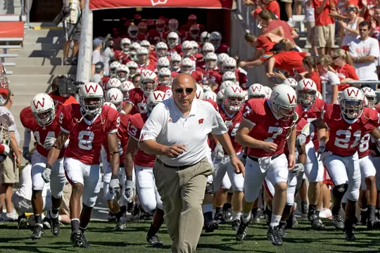 MADISON, WI - SEPTEMBER 3: Head coach Barry Alvarez of the Wisconsin Badgers and his team take the field prior to the game against the Bowling Green Falcons at Camp Randall Stadium on September 3, 2005 in Madison, Wisconsin. The Badgers beat the Falcons 56-42. Photo by David Stluka.