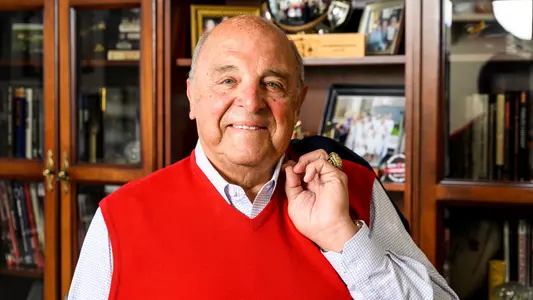 Barry Alvarez, Director of Athletics at the University of Wisconsin-Madison, is pictured in his office in Kellner Hall on April 21, 2021. After 32 years at the University of Wisconsin, including a legendary beginning as head coach of Wisconsin football program and the final 18 years as the Director of Athletics, Alvarez announced on April 6 that he will officially retire on June 30, 2021. (Photo by Jeff Miller / UW-Madison)