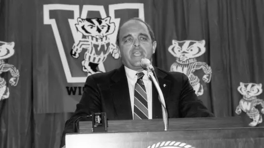 Barry Alvarez at 1990 hiring press conference