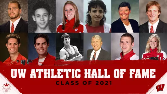 2021 UW Athletic Hall of Fame with photos of the members - Gabe Carimi (football), Lloyd Cooke (cross country), Meghan Duggan (women's hockey), Yasmin Farooq (women's rowing), Tam Flarup (admin), Blake Geoffrion (men's hockey), James and Ross Grant (men's rowing), Ron Jeidy (wrestling), Ron Leafblad (special service), Jon Leuer (men's basketball) and Maggie Meyer (swimming & diving)