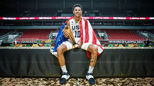 Jonathan Davis celebrates winning gold with USA at the FIBA U19 World Cup