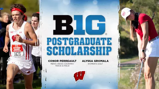 Conor Perrault (men's cross country and track and field) and Alyssa Gromala (women's golf), 2021 Big Ten Postgraduate Scholarship honorees