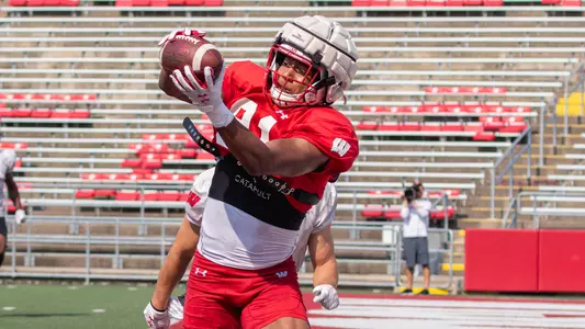 Wisconsin football tight end Jaylan Franklin catches the ball during fall camp 2021 inside Camp Randall Stadium, Madison, Wisconsin.