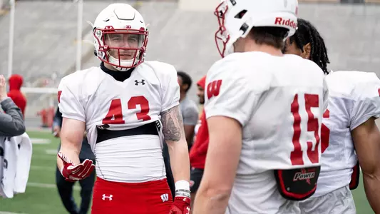 Wisconsin football safety Preston Zachman (43) during spring football practice 2021 inside Camp Randall Stadium in Madison, Wisconsin.