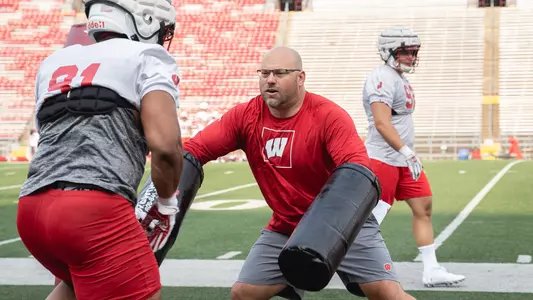 Wisconsin football defensive line coach Ross Kolodziej at team practice for fall camp