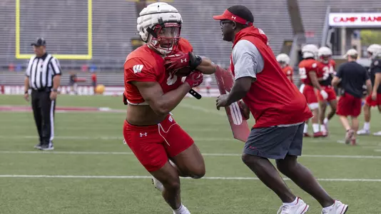 Wisconsin Badgers running back Braelon Allen during fall football camp Saturday, August 21, 2021, in Madison, Wis. (Photo by David Stluka/Wisconsin Athletic Communications)