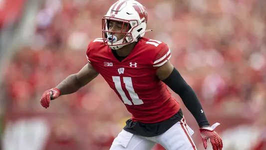 Wisconsin Badgers defensive back Alexander Smith (11) defends during a Big Ten Conference NCAA college football game against the Penn State Nittany Lions Saturday, Sept. 4, 2021, in Madison, Wis. The Nittany Lions won 16-10. (Photo by David Stluka/Wisconsin Athletic Communications)