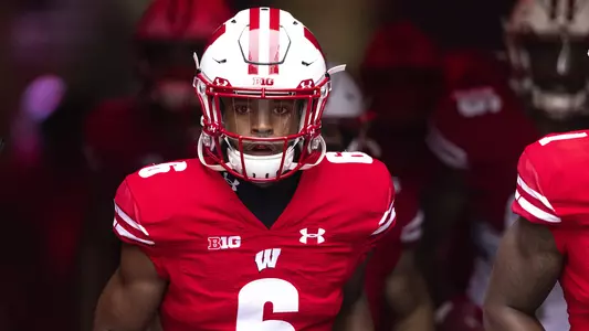 Wisconsin Badgers' cornerback Dean Engram (6) and teammates take the field before an NCAA football game against Penn State on Saturday September 4, 2021 in Madison, Wisconsin.Photo by Tom Lynn/Wisconsin Athletic Communications