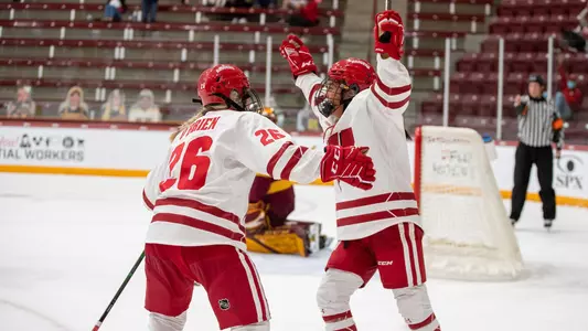 Casey O'Brien celebrates a goal against Minnesota