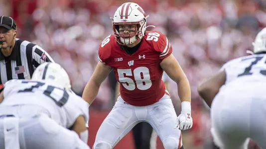 Wisconsin Badgers linebacker Mike Maskalunas (58) during a Big Ten Conference NCAA college football game against the Penn State Nittany Lions Saturday, Sept. 4, 2021, in Madison, Wis. The Nittany Lions won 16-10. (Photo by David Stluka/Wisconsin Athletic Communications)