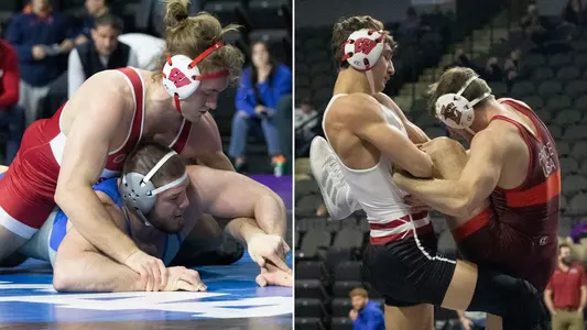 Trent Hillger and Dean Hamiti wrestle at the 2021 Matmen Open tournament