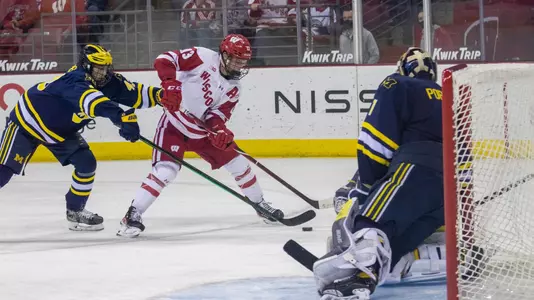 Roman Ahcan takes a shot against Michigan