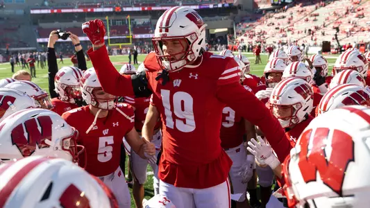 Wisconsin Badgers Football team warms up prior to an NCAA college football game against the Illinois Fighting Illini, Saturday, Oct. 1, 2022 in Madison, Wis. (Photo by David Stluka/Wisconsin Athletic Communications)