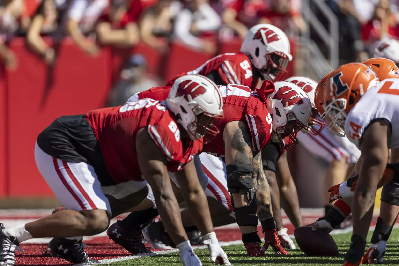 The Wisconsin Badgers face the Illinois offensive line before a play during an NCAA football game October 1, 2022 in Madison, WI.Photo by Tom Lynn/Wisconsin Athletic Communications