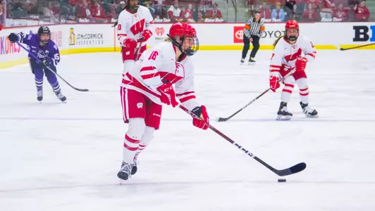 Wisconsin Badgers' forward Claire Enright (16) during an NCAA women's hockey match against St. Thomas on Saturday October 8, 2022 in Madison, Wisconsin