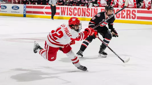 Wisconsin Badgers' forward Mathieu De St. Phalle (12) during an NCAA menâ??s hockey match against  on St. Cloud State Friday October 14, 2022 in Madison, Wisconsin.Photo by Tom Lynn/Wisconsin Athletic Communications