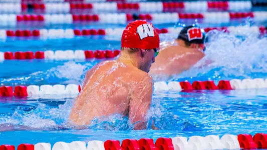 Two Badgers compete in the breasstroke at the intrasquad meet.