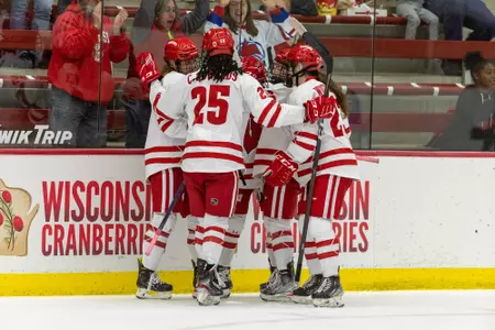 The Badgers celebrate a goal during an NCAA college women’s hockey game against the Bemidji State Beavers, Friday, Oct. 21, 2022 in Madison, Wis. (Photo by David Stluka/Wisconsin Athletic Communications)