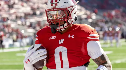 Braelon Allen, Wisconsin Badgers during warmups prior to an NCAA college football game against the Purdue Boilermakers, Saturday, Oct. 22, 2022 in Madison, Wis. (Photo by David Stluka/Wisconsin Athletic Communications)