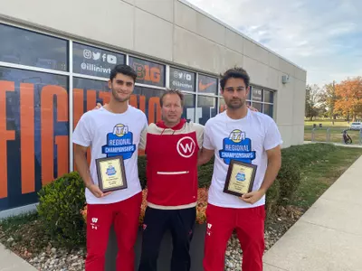Gabriel Huber, Michael Minasyan, and AC Urban Ljubic after winning the ITA Midwest Regional Doubles Championship