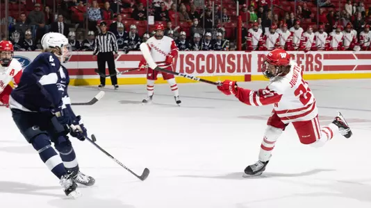 Wisconsin Badgers' defenseman Tyson Jugnauth (27) during an NCAA menâ??s hockey match against Penn State Friday October 28, 2022 in Madison, Wisconsin.Photo by Tom Lynn/Wisconsin Athletic Communications