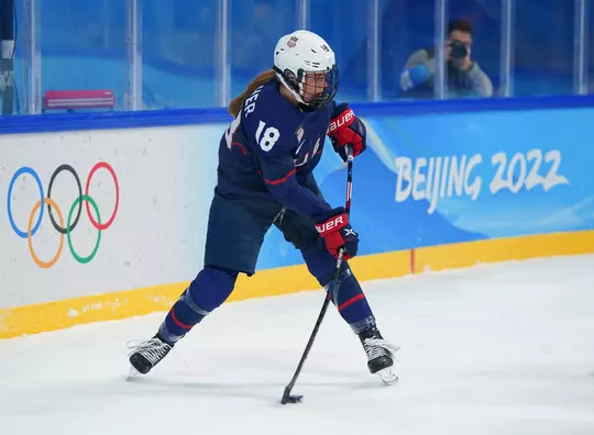 BEIJING, CHINA - FEBRUARY 5: USA's Jesse Compher #18 passes the puck during Womenâ??s Preliminary Round - Group A action against ROC at the Beijing 2022 Olympic Winter Games at Wukesong Sports Centre on February 5, 2022 in Beijing, China. (Photo by Andre Ringuette/HHOF-IIHF Images)