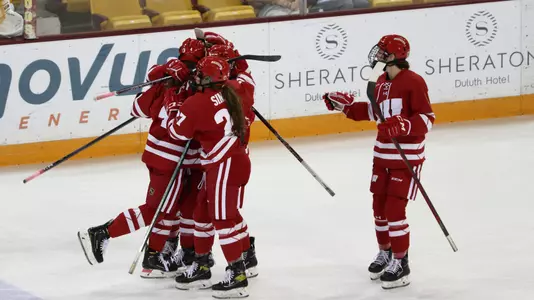 Wisconsin women's hockey celebrates a goal against Minnesota Duluth in a WCHA matchup on October 29, 2022.