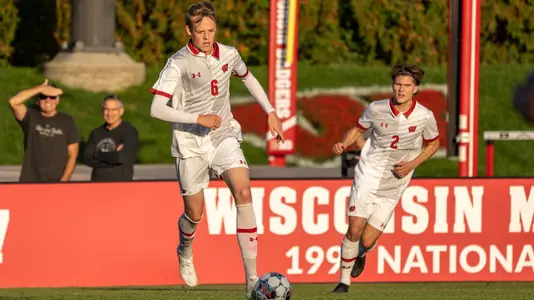 Aron Eli Saevarsson drives up the field with the ball