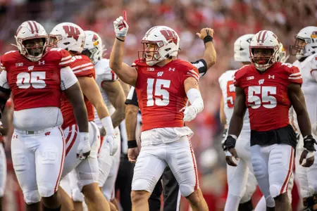 Wisconsin Badgers defensive back John Torchio (15) celebrates a quarterback sack during an NCAA college football game against the Illinois State Redbirds, Saturday, Sept. 3, 2022 in Madison, Wis. The Badgers won 38-0. (Photo by David Stluka/Wisconsin Athletic Communications)