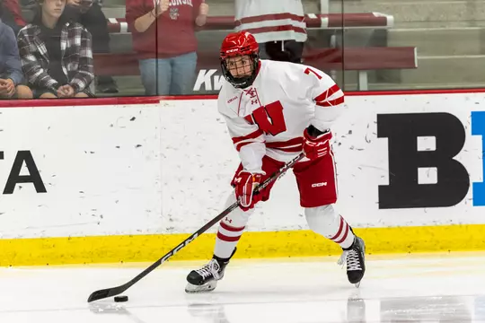 Wisconsin Badgers forward Jesse Compher (7) handles the puck during an NCAA College Womenâ??s Hockey game against the Bemidji State Beavers, Friday, Oct. 21, 2022 in Madison, Wis. The Badgers won 7-1. (Photo by David Stluka/Wisconsin Athletic Communications)