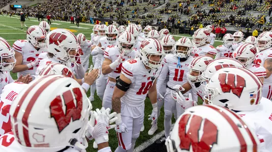 Wisconsin Badgers warm up prior to an NCAA college football game against the Iowa Hawkeyes, Saturday, Nov. 12,  2022 in Iowa City, Iowa. (Photo by David Stluka/Wisconsin Athletic Communications)