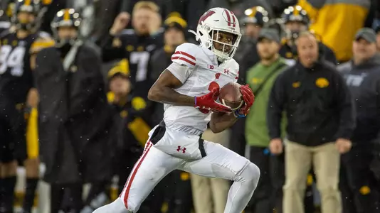 Wisconsin Badgers Keontez Lewis (3) during an NCAA college football game against the Iowa Hawkeyes, Saturday, Nov. 12,  2022 in Iowa City, Iowa. (Photo by David Stluka/Wisconsin Athletic Communications)