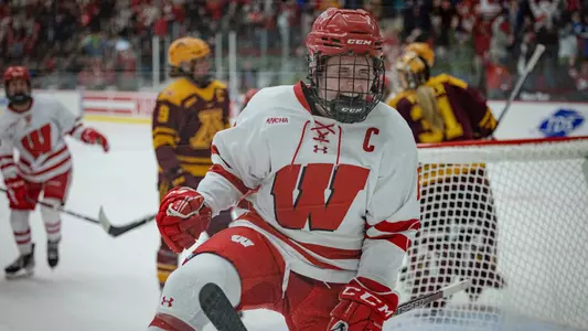 Wisconsin Badgers' forward Britta Curl (17) goal during an NCAA women's hockey match against Minnesota on Saturday October 19, 2022 in Madison, Wisconsin.Photo by Tom Lynn/Wisconsin Athletic Communications