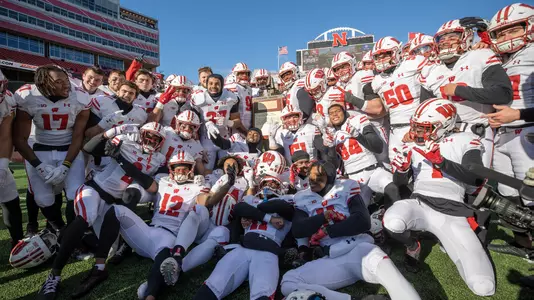 Wisconsin football celebrates 15-14 victory against Nebraska with Freedom Trophy in Lincoln, Nebraska on Saturday, Nov. 19, 2022