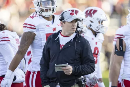 Wisconsin Badgers interim Head Coach Jim Leonhard looks on during an NCAA Big Ten Conference college football game against the Northwestern Wildcats Saturday, Oct. 8, 2022, in Evanston, Ill. The Badgers won 42-7. (Photo by David Stluka/Wisconsin Athletic Communications)