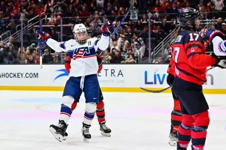 USA forward Hilary Knight (21) celebrates after scoring a goal against Canada during the third period at Climate Pledge Arena. USA defeated Canada 4-2. Mandatory Credit: Steven Bisig-USA TODAY Sports