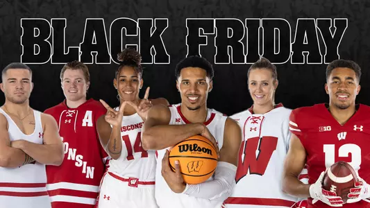 Black friday - ticket sales and discounts - photo of six athletes - Austin Gomez (wrestling), Brock Caulfield (men's hockey), Krystyna Ellew (women's basketball), Jordan Davis (men's basketball), Katie Kotlowski (women's hockey) and Chimere Dike (football)