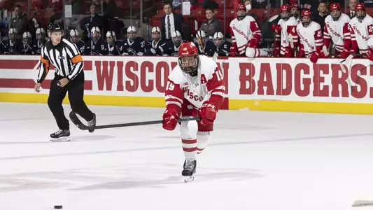 Wisconsin Badgers' forward Brock Caufield (19) during an NCAA menÃ?s hockey match against Penn State Friday October 28, 2022 in Madison, Wisconsin.Photo by Tom Lynn/Wisconsin Athletic Communications