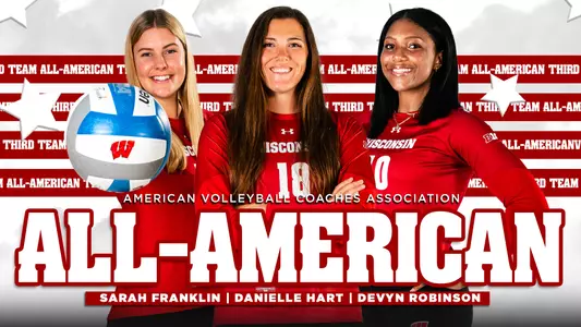 A graphic of the Badgers three 2022 All-Americans - Sarah Franklin, Danielle Hart and Devyn Robinson