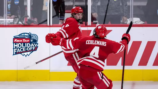 Zach Urdahl and Corson Ceulemans celebrate 2021 Kwik Trip Holiday Face-Off shootout winning goal