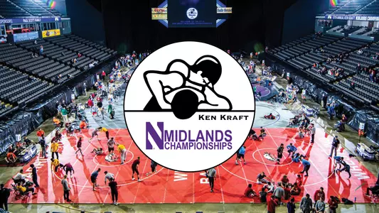 2022 Midlands Championship Tournament logo with background image of wrestling competition at NOW Arena