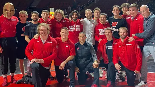 Wisconsin wrestling team at 2022 Garden State Grapple - Wisconsin wrestling team at 2022 Garden State Grapple - Wisconsin head coach Chris Bono, Associate head coach Jon Reader, athletic trainer Gary Johnson, Braxton Amos, Eric Barnett, Peter Christensen, Tyler Dow, Austin Gomez, Dean Hamiti, Trent Hillger, Garrett Model, Josh Otto, Drew Scharenbrock, Joseph Zargo, Dylan Coy, Taylor LaMont, Felix Lettini, Nicolar Rivera, James Rowley