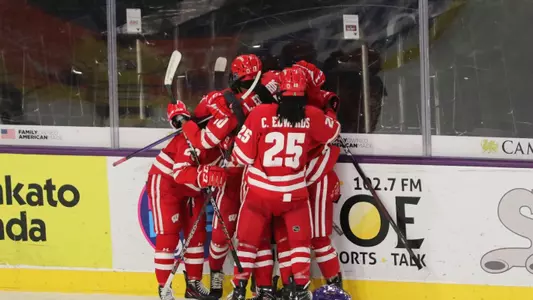 The Wisconsin women's hockey team celebrates a goal against WCHA opponent the Minnesota State Mavericks in a game on Dec. 9, 2022 in Mankato, Minnesota