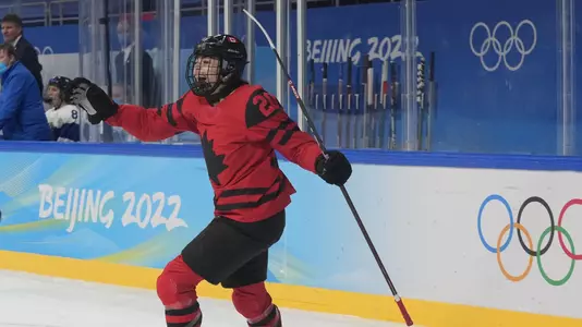 Feb 5, 2022; Beijing, China; Team Canada forward Sarah Nurse (20) celebrates scoring a hat trick against Finland during the third period in a women's ice hockey Group A match during the Beijing 2022 Olympic Winter Games at Wukesong Sports Centre. Mandatory Credit: George Walker IV-USA TODAY Sports