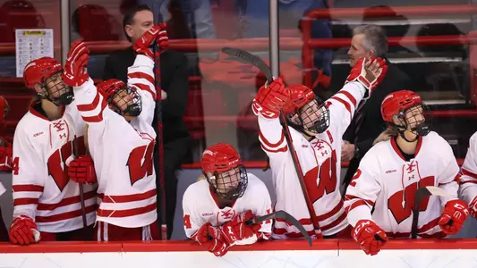 Badgers celebrate win over Clarkson at the 2022 NCAA Women's Ice Hockey Championship