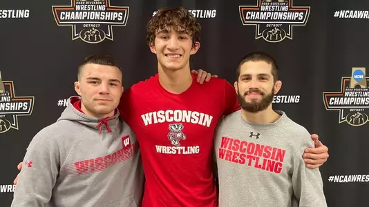 Eric Barnett, Dean Hamiti and Austin Gomez, Wisconsin wrestlers three 2022 NCAA All-Americans on Friday, March 19, 2022 in Detroit, Michigan