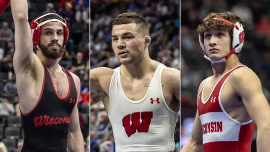 Wisconsin wrestling 2022 NCAA Championship place-winners Eric Barnett, Austin Gomez and Dean Hamiti