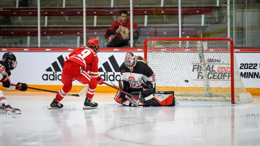 Sophie Shirley scores a goal on Ohio State at the WCHA Final Faceoff