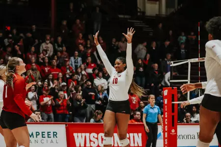 Devyn Robinson celebrates on the court.